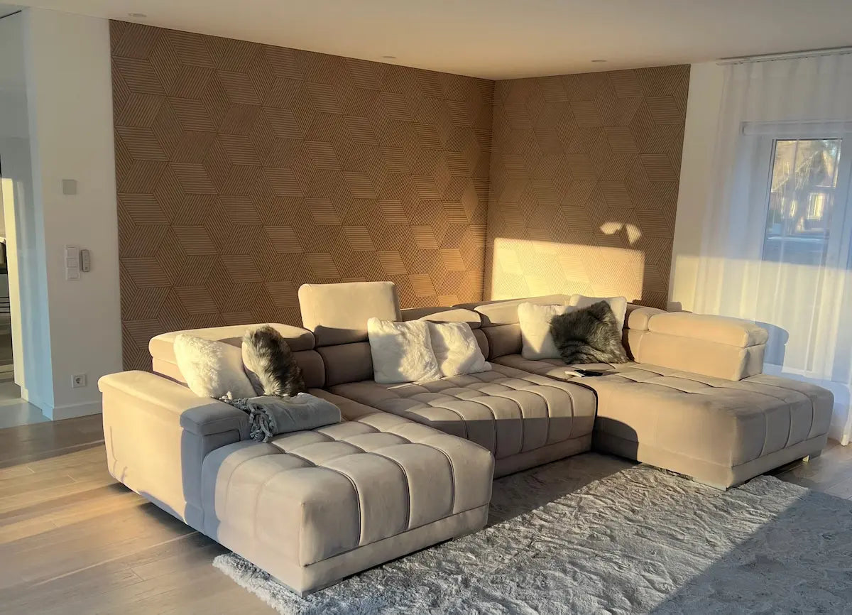 DIAMOND STRIPE 3D Cork Acoustic Wall Panels in living room interior DecorMania UK